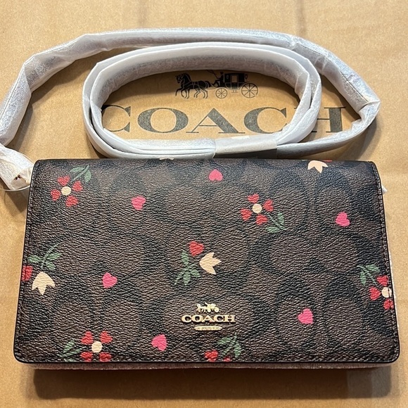 Coach Anna Foldover Clutch Crossbody In Signature Canvas W/Heart Petal Print - Picture 11 of 13